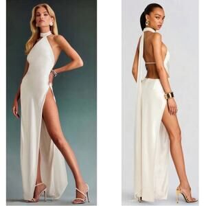 Retrofete Jagger Halterneck High Slit Open Back Satin White Maxi Dress Sz XS